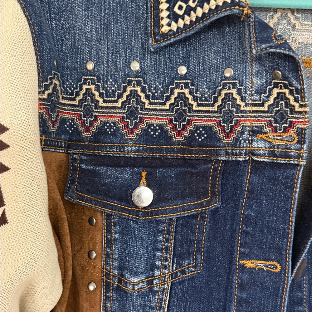 Reba Blue and Brown Jean Jacket with Tribal Patterns - Picture 4 of 5